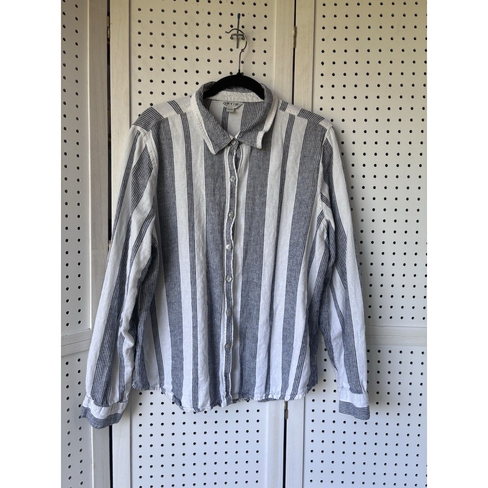 Orvis Women's XL Long SLV Button Down Striped Shirt Linen Rayon Navy Ivory
